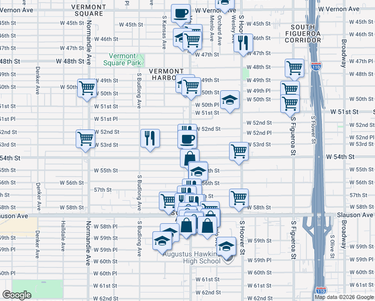 map of restaurants, bars, coffee shops, grocery stores, and more near 5219 Vermont Avenue in Los Angeles