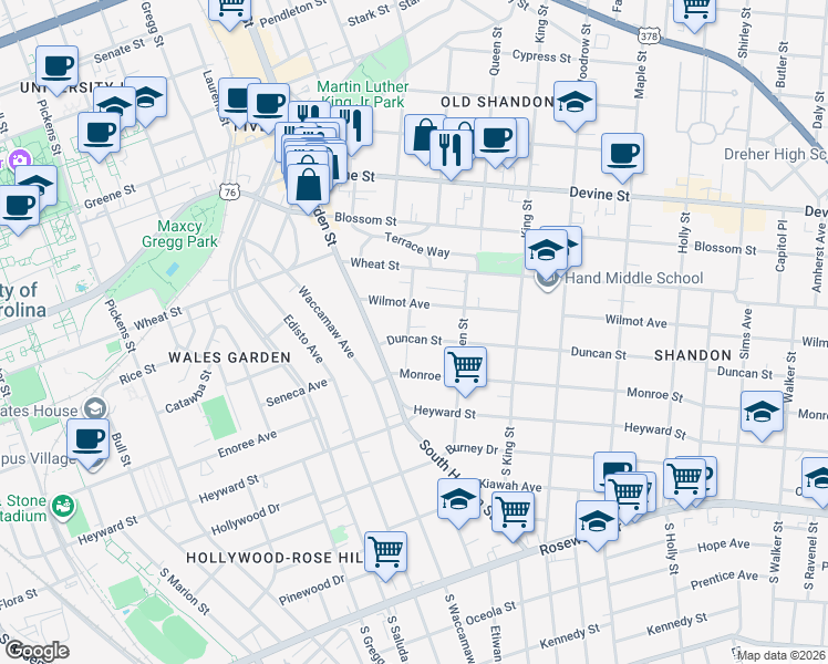 map of restaurants, bars, coffee shops, grocery stores, and more near 2330 Wilmot Avenue in Columbia