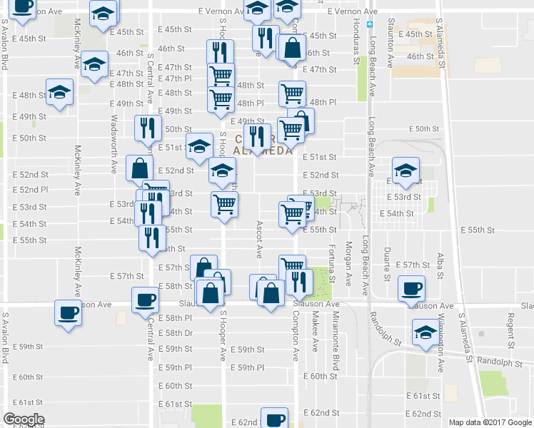 map of restaurants, bars, coffee shops, grocery stores, and more near 1418 East 54th Street in Los Angeles