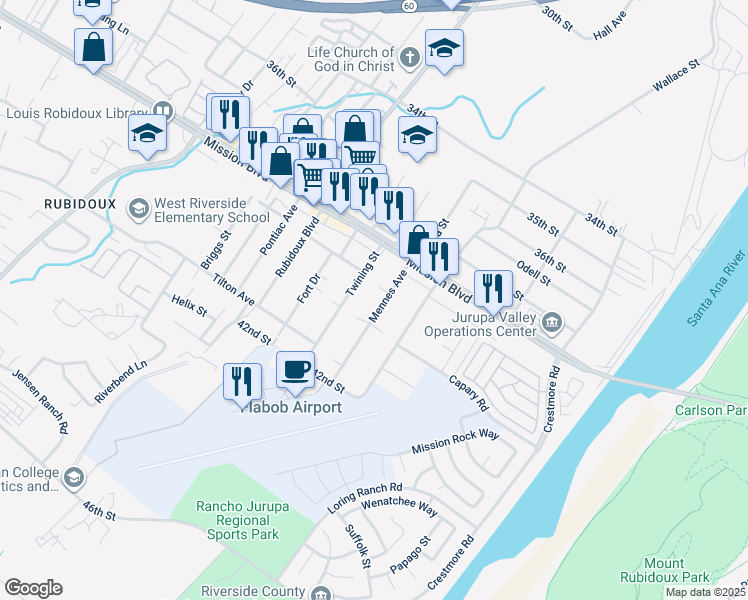 map of restaurants, bars, coffee shops, grocery stores, and more near 3925 Mennes Avenue in Jurupa Valley