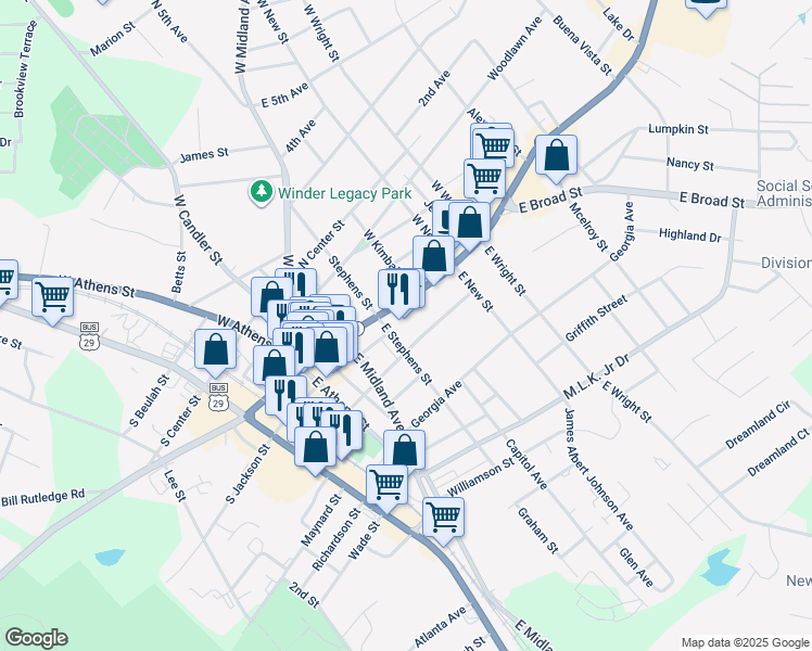 map of restaurants, bars, coffee shops, grocery stores, and more near 123 North Broad Street in Winder