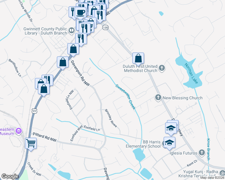 map of restaurants, bars, coffee shops, grocery stores, and more near 3221 Heritage Walk Lane in Duluth