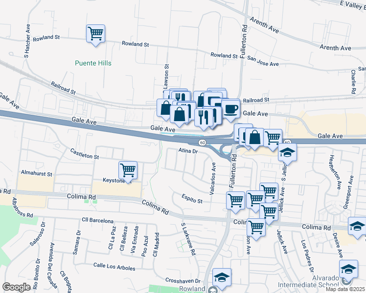 map of restaurants, bars, coffee shops, grocery stores, and more near 18045 Atina Drive in Rowland Heights
