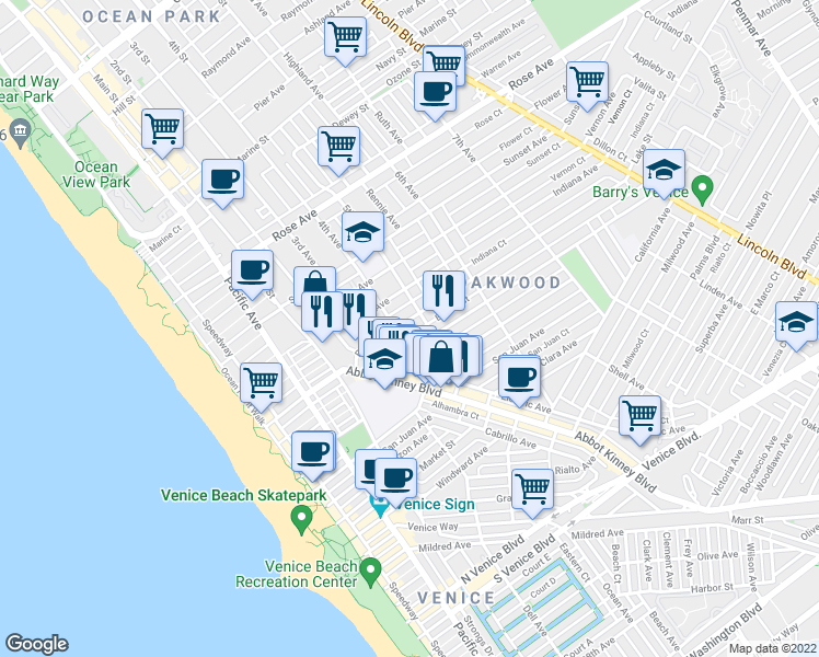 map of restaurants, bars, coffee shops, grocery stores, and more near 419 Brooks Avenue in Los Angeles