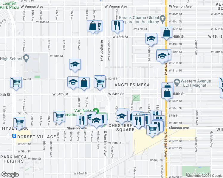 map of restaurants, bars, coffee shops, grocery stores, and more near 5310 South Van Ness Avenue in Los Angeles