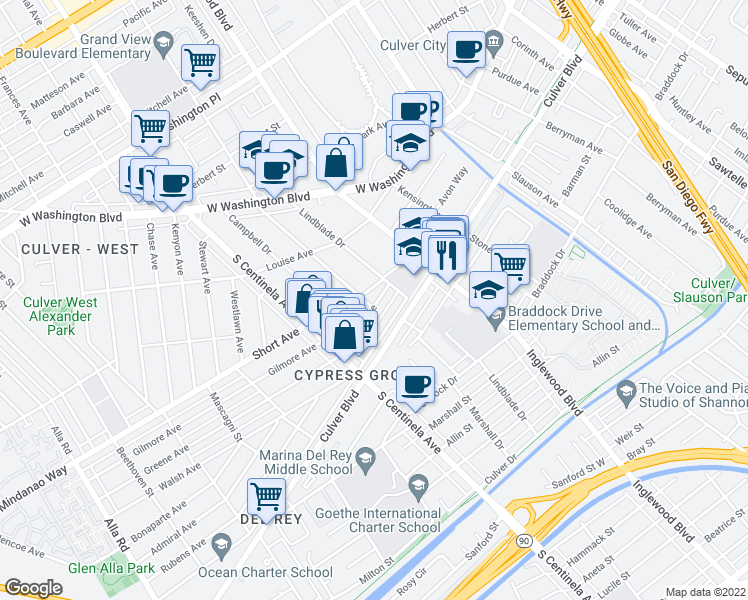 map of restaurants, bars, coffee shops, grocery stores, and more near 4439 Lindblade Drive in Los Angeles