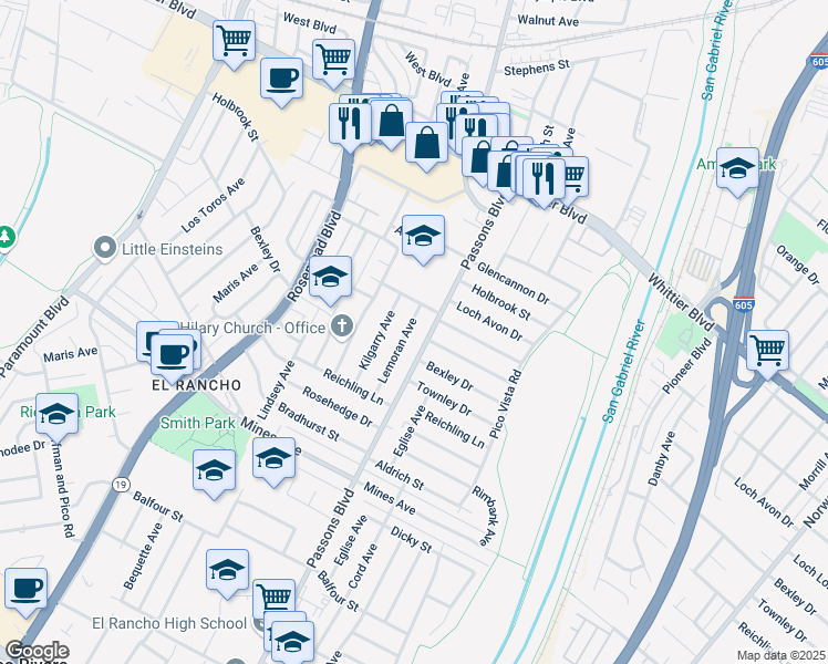 map of restaurants, bars, coffee shops, grocery stores, and more near 5328 Lemoran Avenue in Pico Rivera