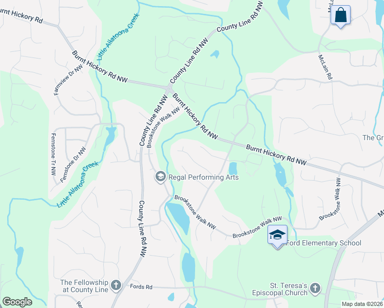 map of restaurants, bars, coffee shops, grocery stores, and more near 5703 Downington Way in Acworth