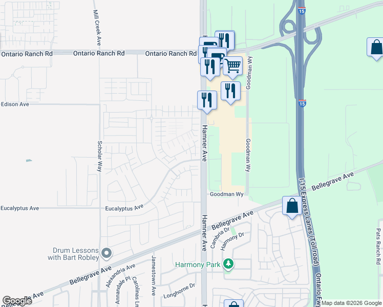 map of restaurants, bars, coffee shops, grocery stores, and more near 10000 Hamner Avenue in Eastvale