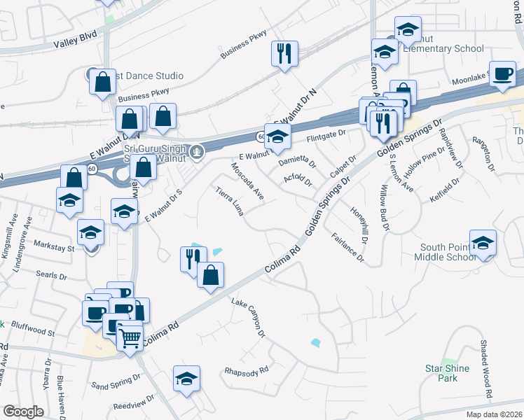 map of restaurants, bars, coffee shops, grocery stores, and more near 1183 Moscada Avenue in Walnut