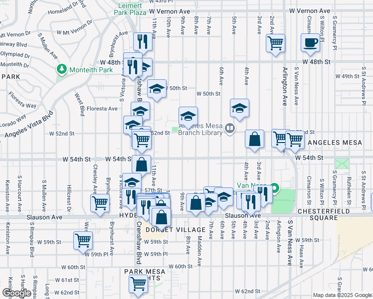 map of restaurants, bars, coffee shops, grocery stores, and more near 5315 8th Avenue in Los Angeles