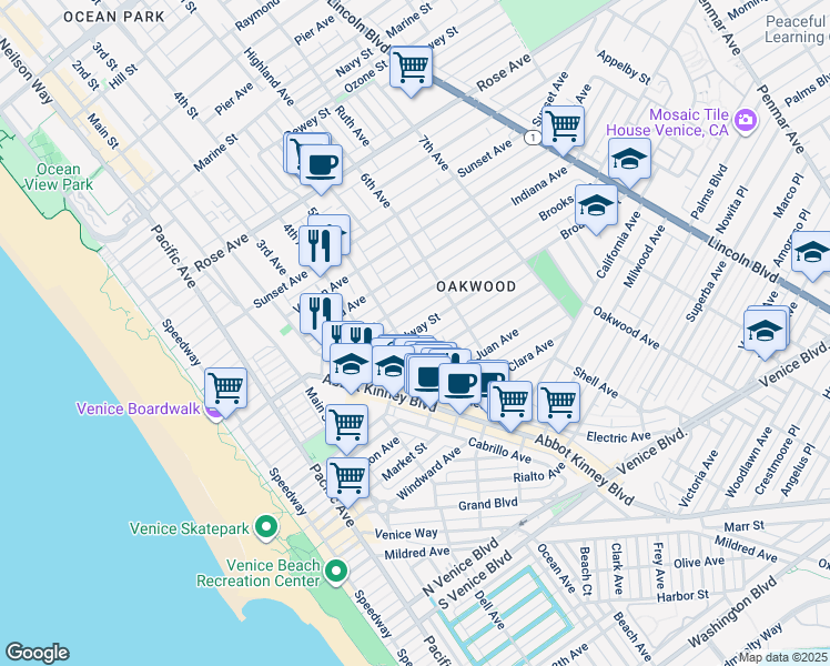 map of restaurants, bars, coffee shops, grocery stores, and more near 512 Brooks Avenue in Los Angeles