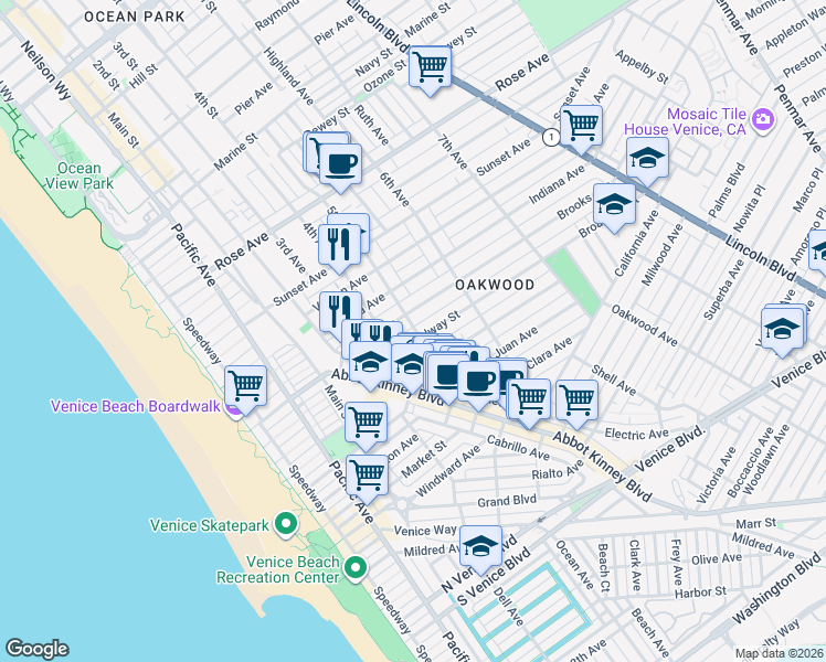 map of restaurants, bars, coffee shops, grocery stores, and more near 512 Brooks Avenue in Los Angeles