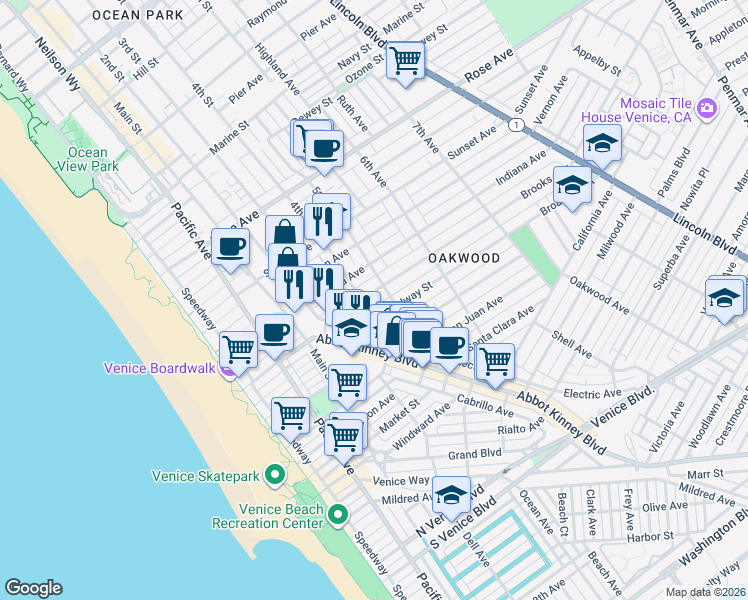 map of restaurants, bars, coffee shops, grocery stores, and more near 419 Brooks Avenue in Los Angeles