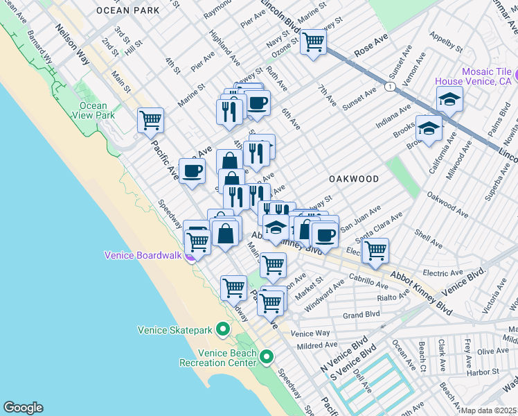 map of restaurants, bars, coffee shops, grocery stores, and more near 345 Indiana Avenue in Los Angeles