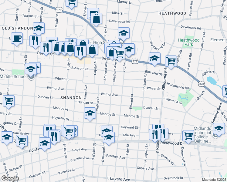 map of restaurants, bars, coffee shops, grocery stores, and more near 3226 Wheat Street in Columbia