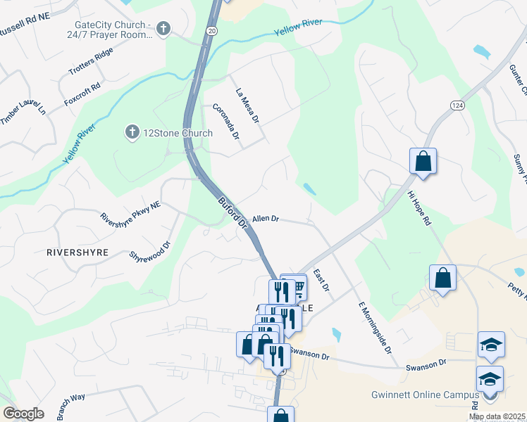 map of restaurants, bars, coffee shops, grocery stores, and more near 502 Allen Drive in Lawrenceville