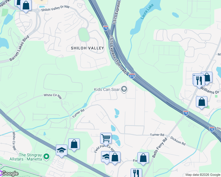 map of restaurants, bars, coffee shops, grocery stores, and more near 355 Morgans Creek Court Northwest in Kennesaw