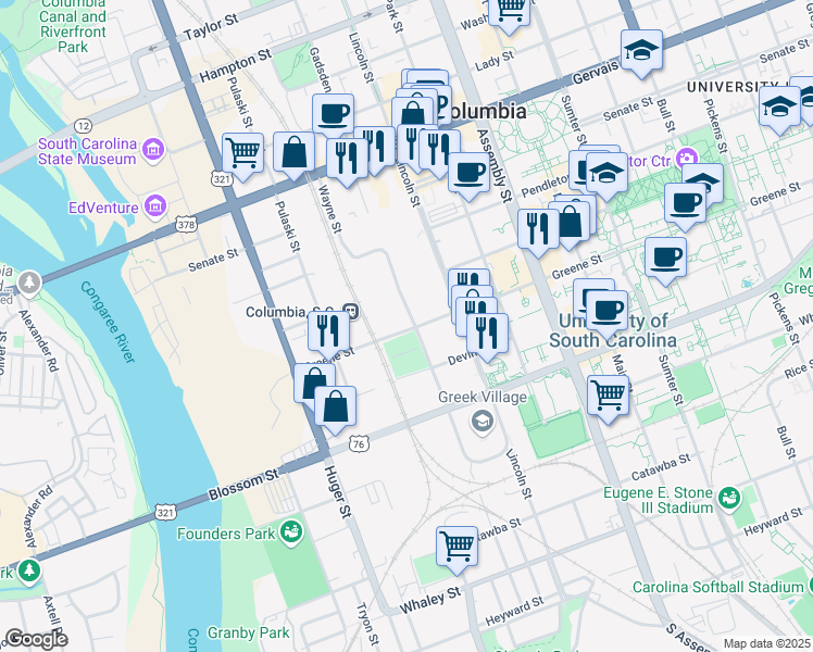 map of restaurants, bars, coffee shops, grocery stores, and more near 743 Greene Street in Columbia