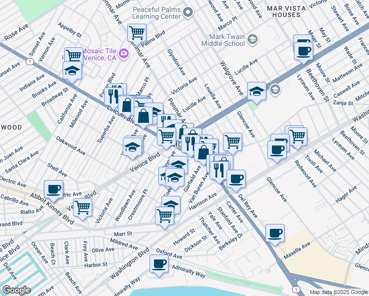 map of restaurants, bars, coffee shops, grocery stores, and more near 1134 Venice Boulevard in Los Angeles