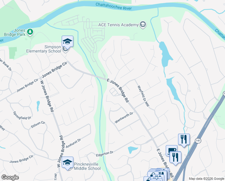 map of restaurants, bars, coffee shops, grocery stores, and more near 5203 Creek Walk Circle Northwest in Norcross