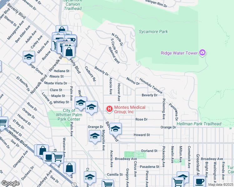 map of restaurants, bars, coffee shops, grocery stores, and more near 11855 Maple Street in Whittier