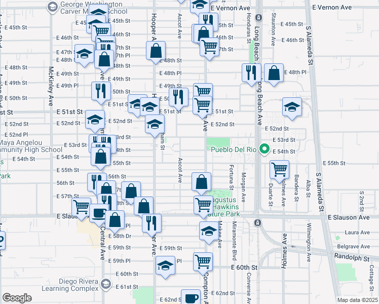 map of restaurants, bars, coffee shops, grocery stores, and more near 5318 Ascot Avenue in Los Angeles