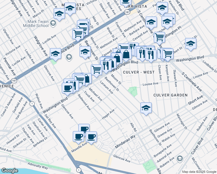 map of restaurants, bars, coffee shops, grocery stores, and more near 4050 Lyceum Avenue in Los Angeles