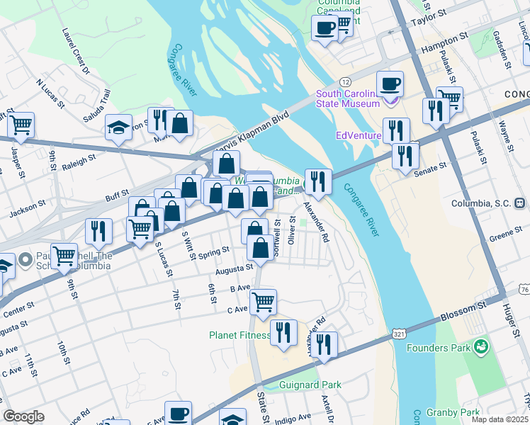 map of restaurants, bars, coffee shops, grocery stores, and more near 1 State Street in West Columbia