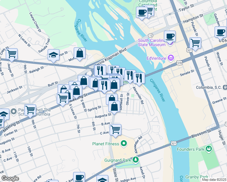 map of restaurants, bars, coffee shops, grocery stores, and more near 1 State Street in West Columbia