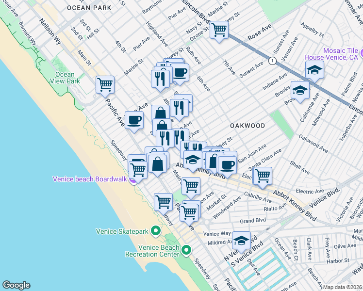 map of restaurants, bars, coffee shops, grocery stores, and more near 320 Indiana Avenue in Los Angeles