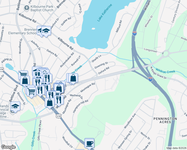 map of restaurants, bars, coffee shops, grocery stores, and more near 51 Downing Street in Columbia