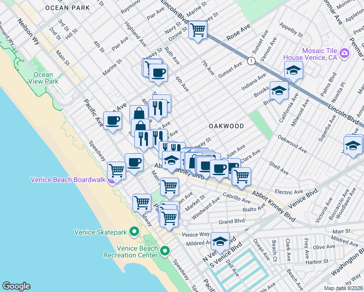 map of restaurants, bars, coffee shops, grocery stores, and more near 412 Brooks Avenue in Los Angeles