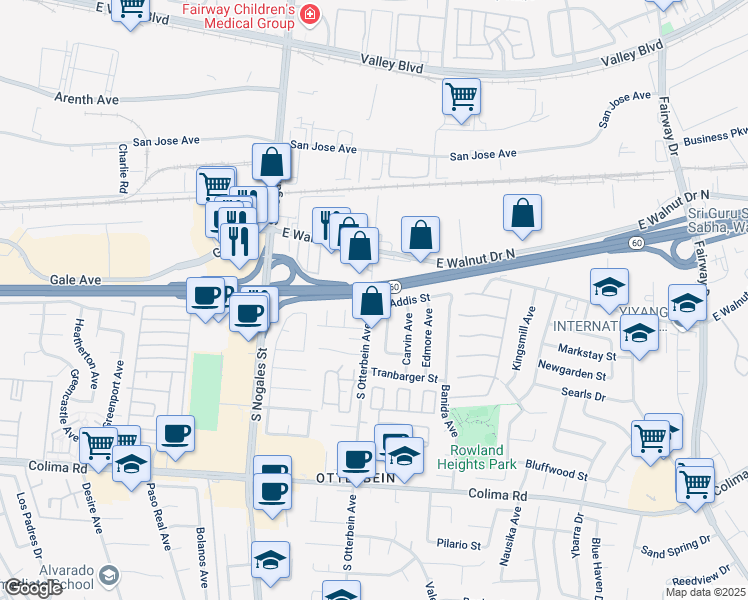 map of restaurants, bars, coffee shops, grocery stores, and more near 19205 Addis Street in La Puente