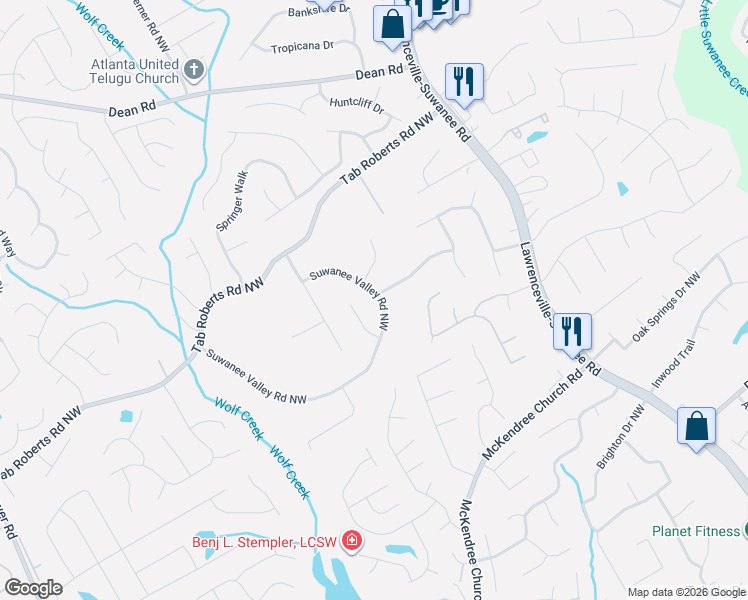 map of restaurants, bars, coffee shops, grocery stores, and more near 1915 Suwanee Valley Road Northwest in Lawrenceville