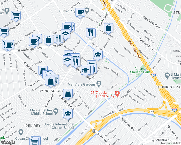 map of restaurants, bars, coffee shops, grocery stores, and more near 4700 Inglewood Boulevard in Culver City