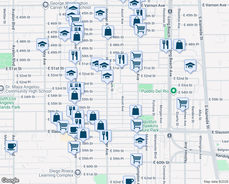 map of restaurants, bars, coffee shops, grocery stores, and more near 1348 East 53rd Street in Los Angeles
