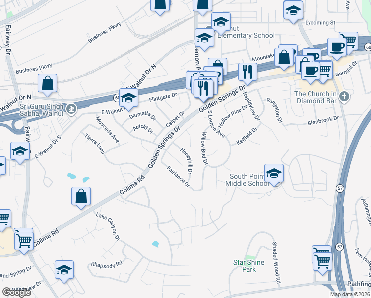 map of restaurants, bars, coffee shops, grocery stores, and more near 1336 Honeyhill Drive in Walnut