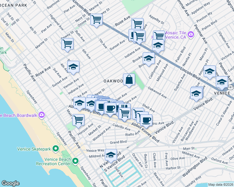 map of restaurants, bars, coffee shops, grocery stores, and more near 627 Westminster Avenue in Los Angeles