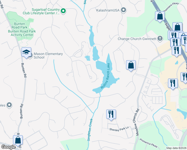 map of restaurants, bars, coffee shops, grocery stores, and more near 2271 Grady Ridge Drive in Duluth