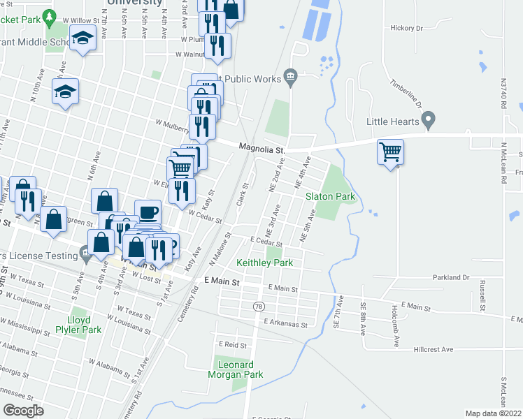 map of restaurants, bars, coffee shops, grocery stores, and more near 505 Northeast 2nd Avenue in Durant