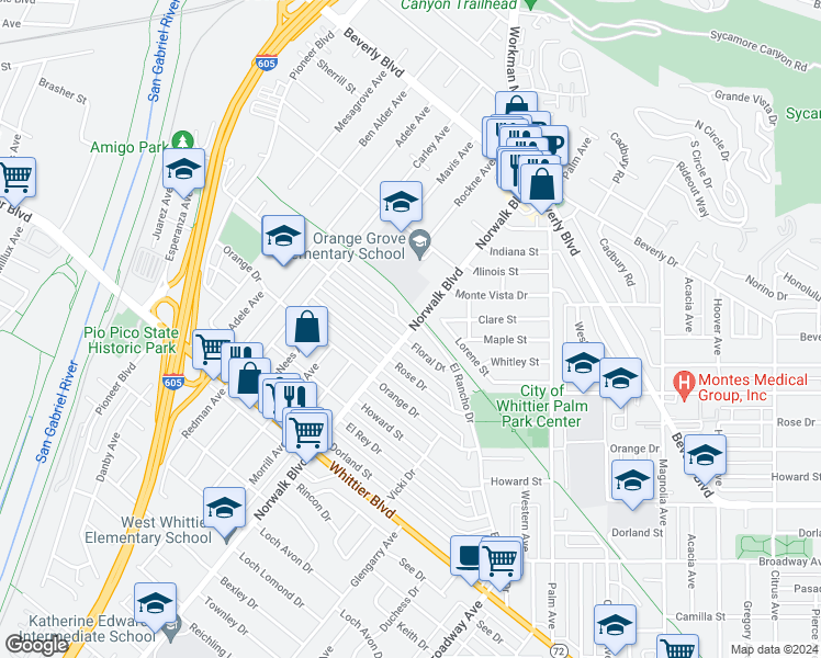 map of restaurants, bars, coffee shops, grocery stores, and more near 10798 El Rancho Drive in Whittier