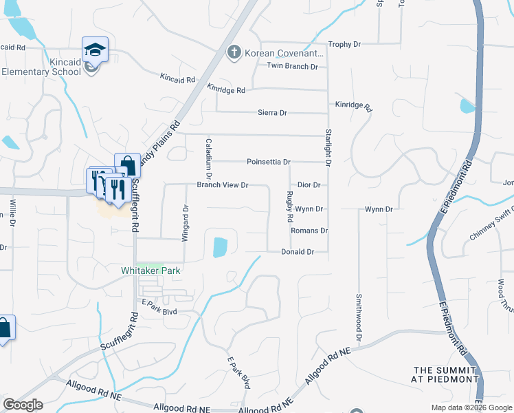 map of restaurants, bars, coffee shops, grocery stores, and more near 1841 Branch View Drive in Marietta