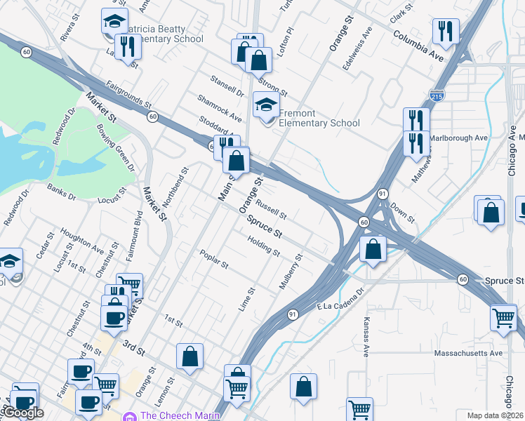 map of restaurants, bars, coffee shops, grocery stores, and more near 3515 Russell Street in Riverside