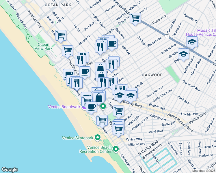 map of restaurants, bars, coffee shops, grocery stores, and more near 315 Vernon Avenue in Los Angeles