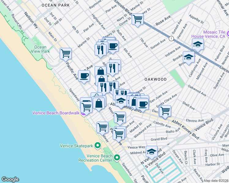 map of restaurants, bars, coffee shops, grocery stores, and more near 326 Indiana Avenue in Los Angeles