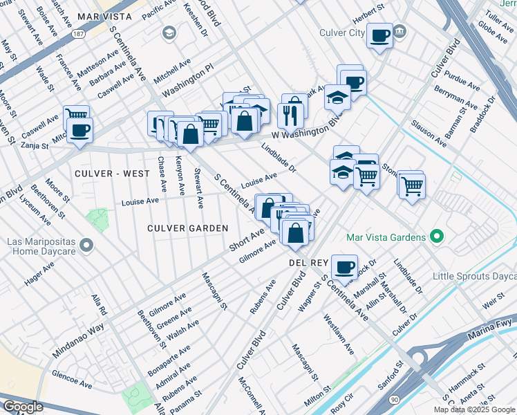 map of restaurants, bars, coffee shops, grocery stores, and more near 2 South Centinela Avenue in Los Angeles