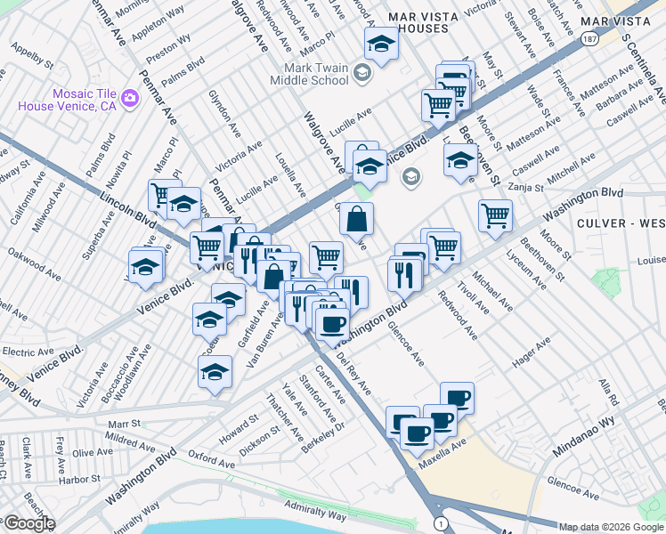 map of restaurants, bars, coffee shops, grocery stores, and more near 2467 Louella Avenue in Los Angeles