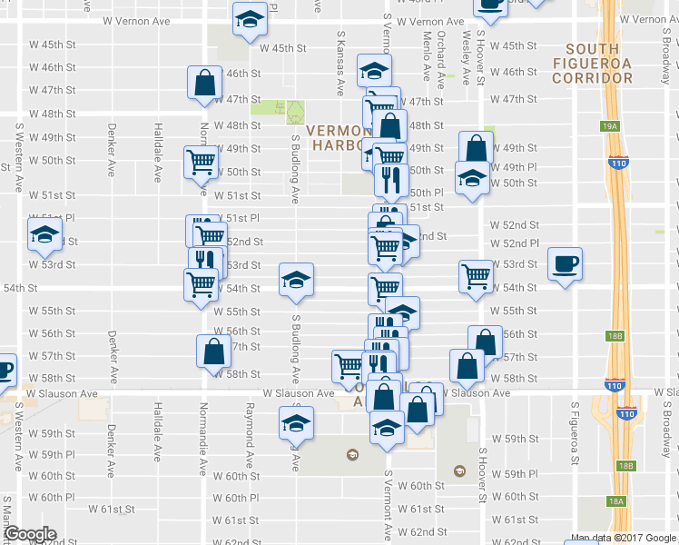 map of restaurants, bars, coffee shops, grocery stores, and more near 1102 West 53rd Street in Los Angeles