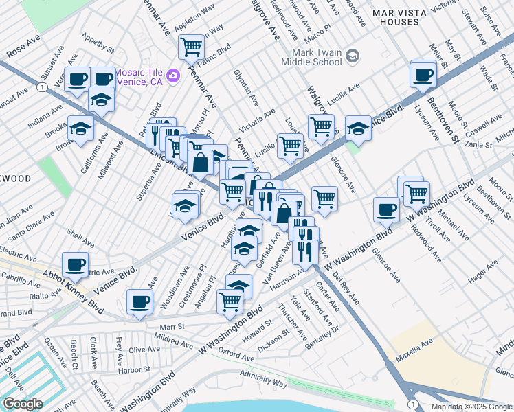 map of restaurants, bars, coffee shops, grocery stores, and more near in Los Angeles